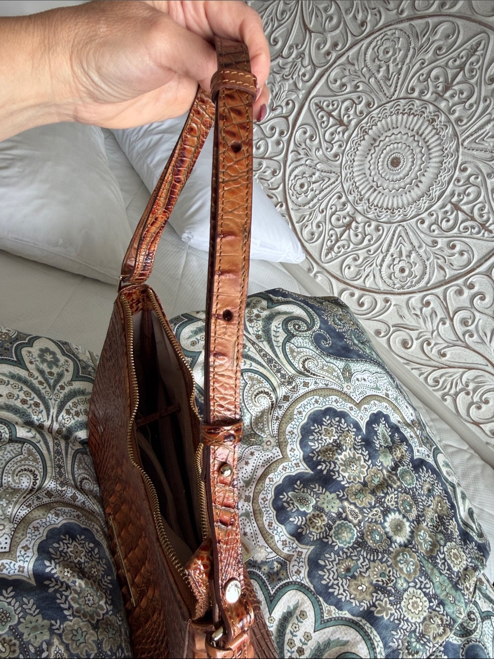 Brahmin Cognac Croc-Embossed Leather Shoulder Bag - Picture 7 of 8